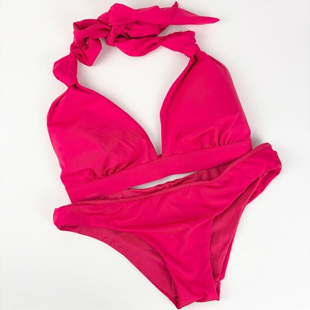 Victoria’s Secret Hot Pink Tie Knot Ruched Bikini Top Halter Bikini Set Small